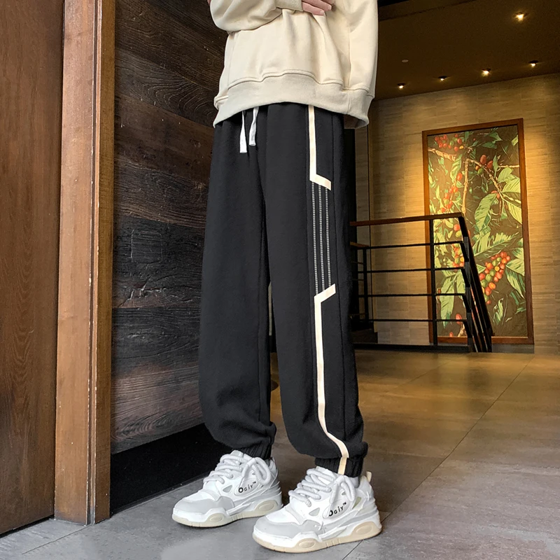 Spring Autumn New Elastic Waist Fashion Sweatpants Man Contrast Color Striped Patchwork Casual Drawstring Ankle Length Trousers