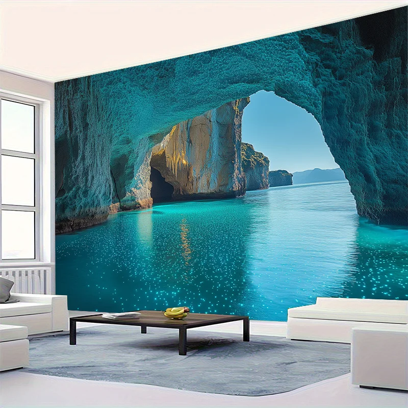 Tapisserie murale luxueuse grand format avec vue sur l'océan, motif grotte marine, décoration artistique tropicale côtière pour salon et chambre modernes 1 Tapisserie murale luxueuse grand format avec vue sur l'océan, motif grotte marine, décoration artistique tropicale côtière pour salon et chambre modernes 1
