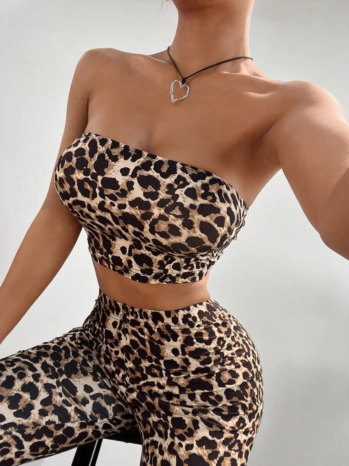 Leopard Print Slim Fit Crop Top & Flared Pants Set