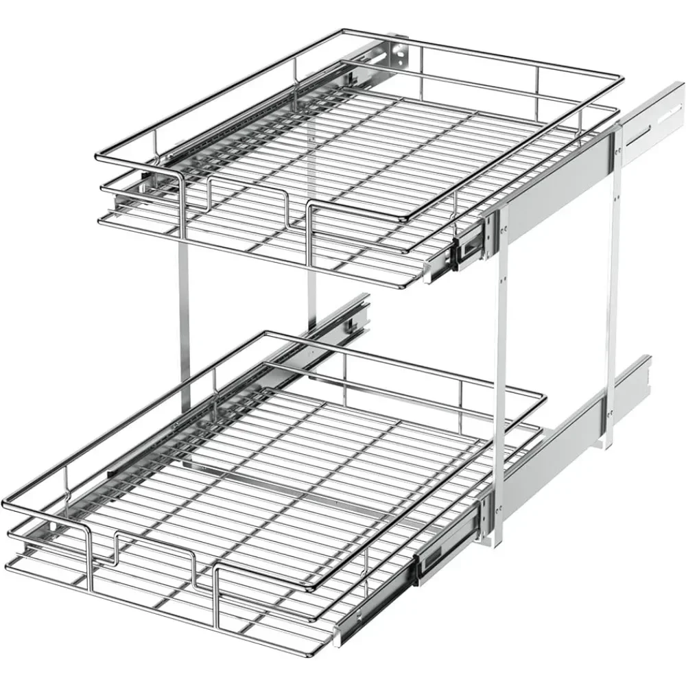 2 Tier Individual Pull Out Cabinet Organizer 14" W x 21" D, Slide Kitchen Storage Sliding Shelves easy install