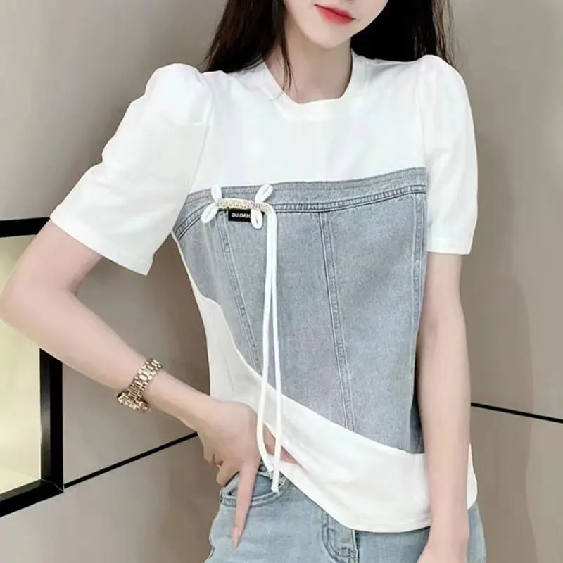 

Female Clothing Solid Color Shirt Casual Denim Patchwork Summer Chic Three-dimensional Decoration Drawstring Asymmetrical Blouse