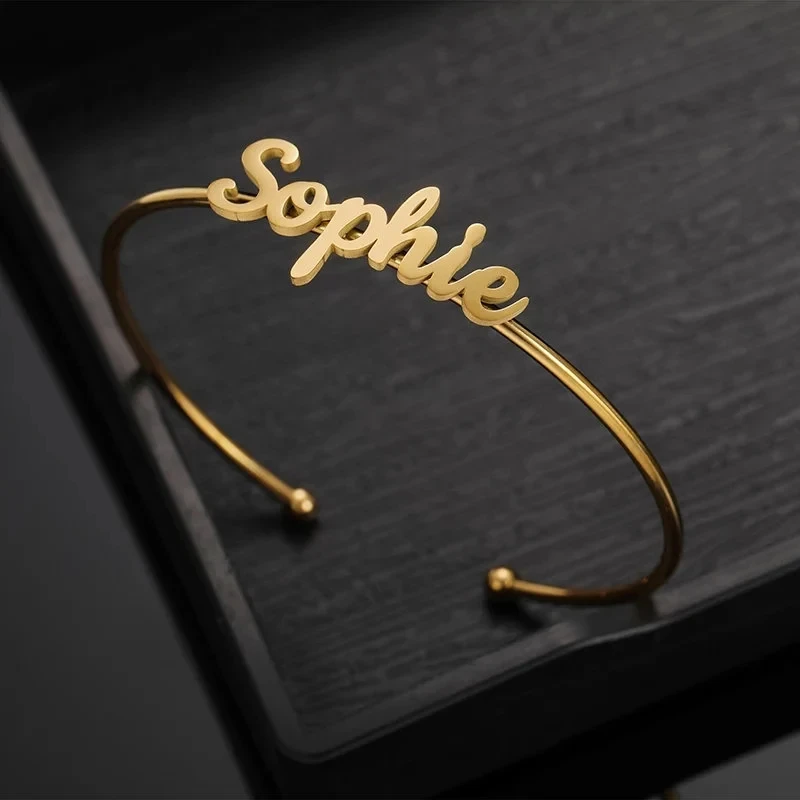 

Personalized Name Bangles for Women 18k Gold Plating Stainless Steel Jewelry Customized Nameplate Open Bracelet Dropshipping