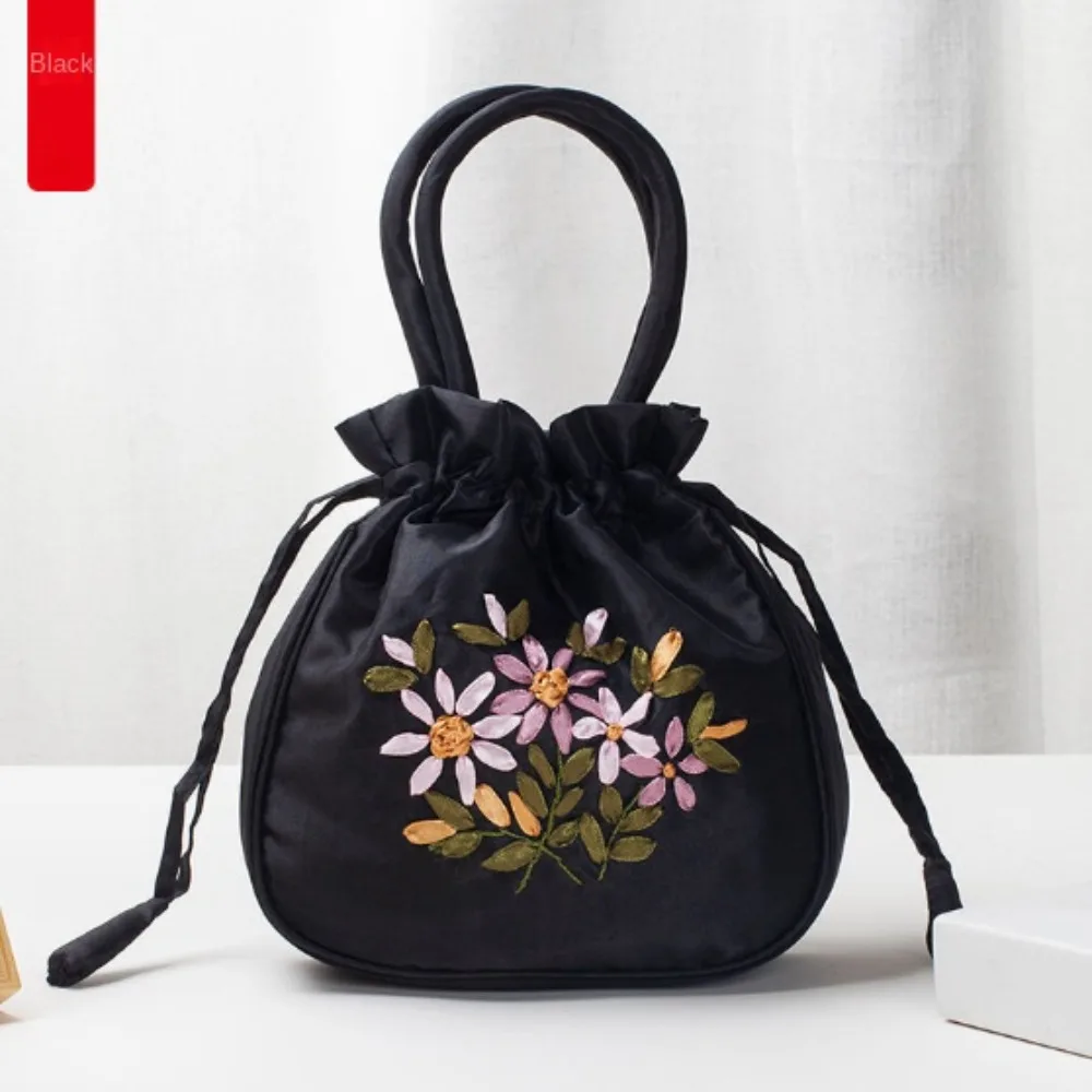 Small Women Bucket Bag Top Handle Ladies Handbag Phone Bag Summer Purse National Style Embroidered Flower Pattern Drawstring Bag