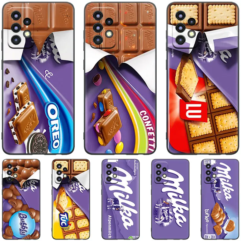 Funda negra Chocolate Milka para Samsung Galaxy A04S A04E A12 A13 A14 A22 A23 A32 A33 A34 A50 A51 A52S A53 A54 A70 A71 A72 A73
