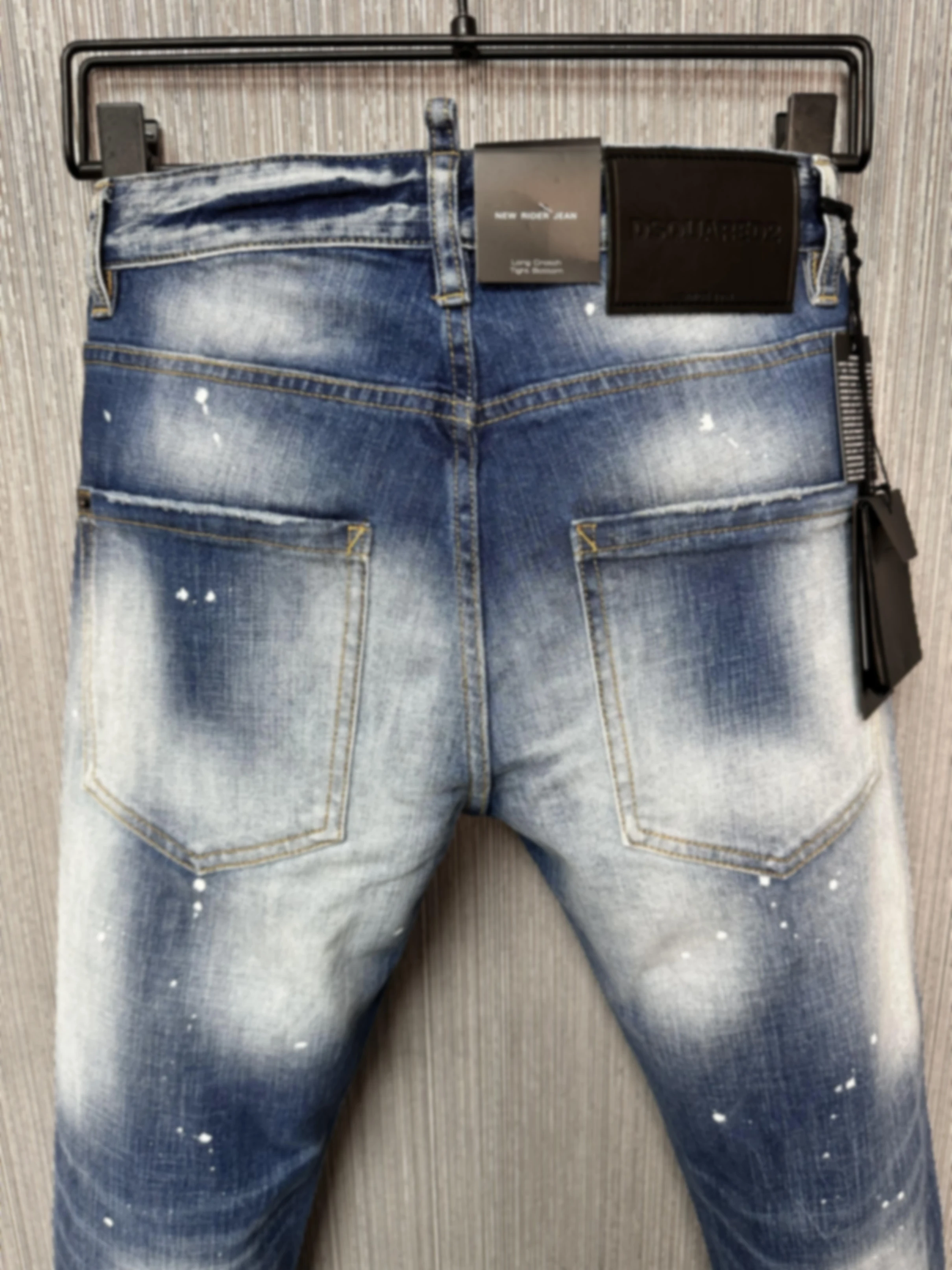 2024 Spring/Summer New D2 Jeans Trendy Men's Washed and Worn Hole Patches Painted Slim Fit Small Feet Elastic Denim Pants Men's