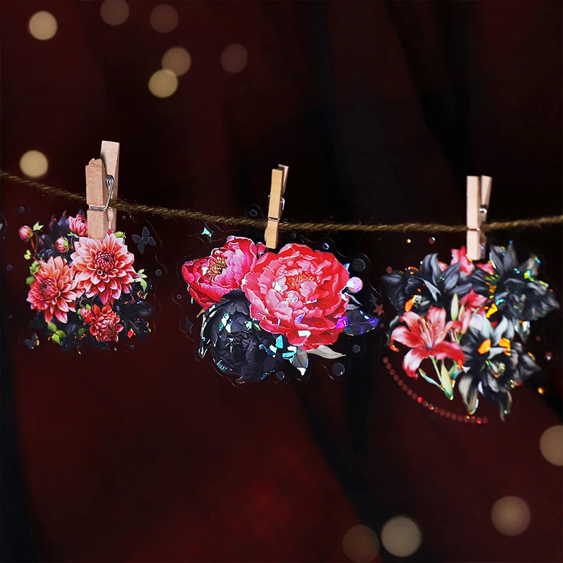 10 Pcs 애완 동물 빨간색 검은 꽃 스티커 장식 자연 식물 스티커 DIY 일기 앨범 스크랩북 재료 정크 저널 용품