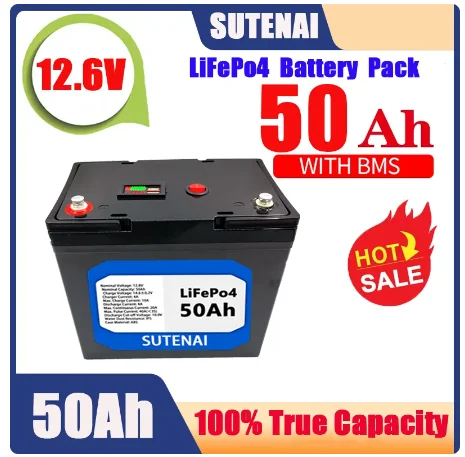 

Batería de fosfato de hierro y litio LiFePO4 de 12V 50Ah, batería BMS integrada para sistema de energía Solar