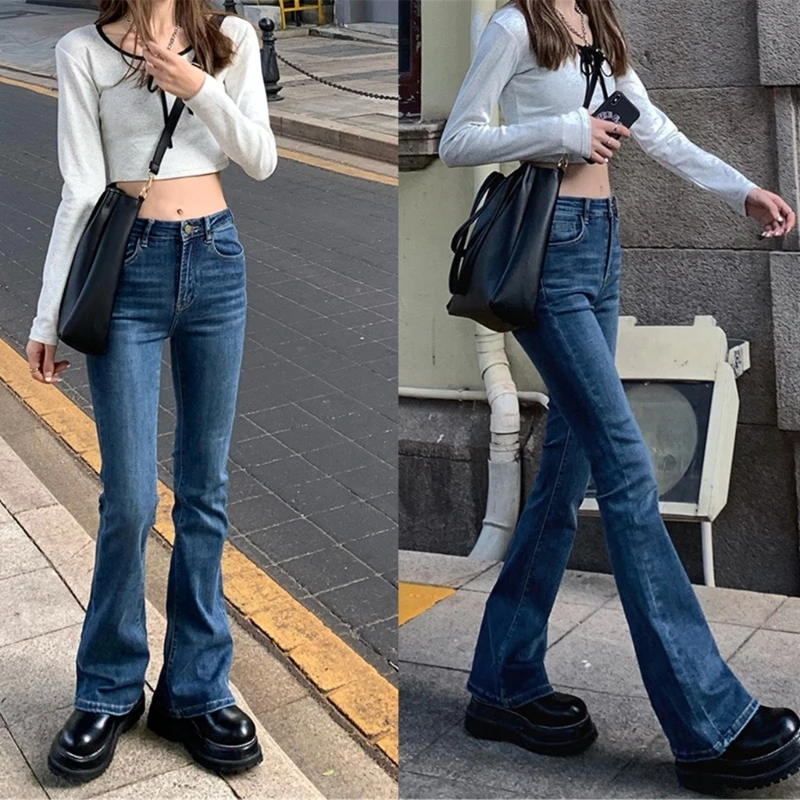 Women Vintage Bottom Jeans High Waisted Flared Pants Skinny Stretchy Trousers Streetwear with Pockets Dropship