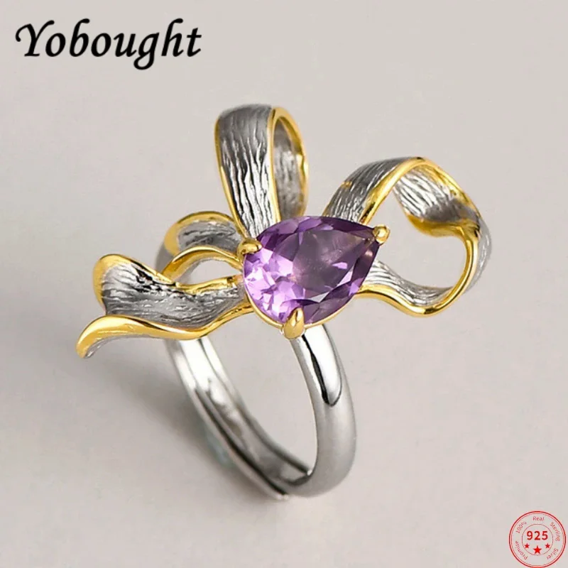

S925 sterling silver rings for women men new fashion bow knot inlaid natural waterdrop shaped amethyst jewelry free shipping