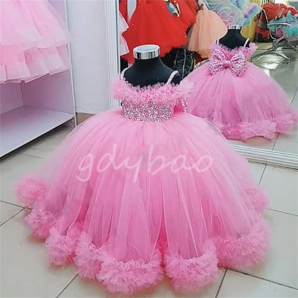 Ruffles Toddler Flower Girl Dresses Tulle Pearls Bow Child Wedding Party compleanno abito lungo prima comunione abito per neonate