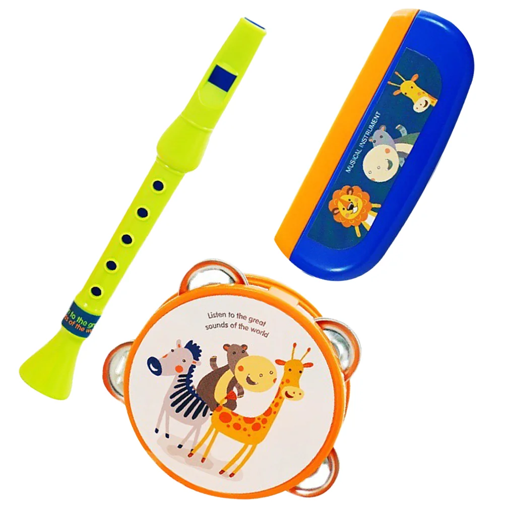 

Three Piece Suit Child Flute Tambourine Drum for Kids Plastic Recorder Instrument