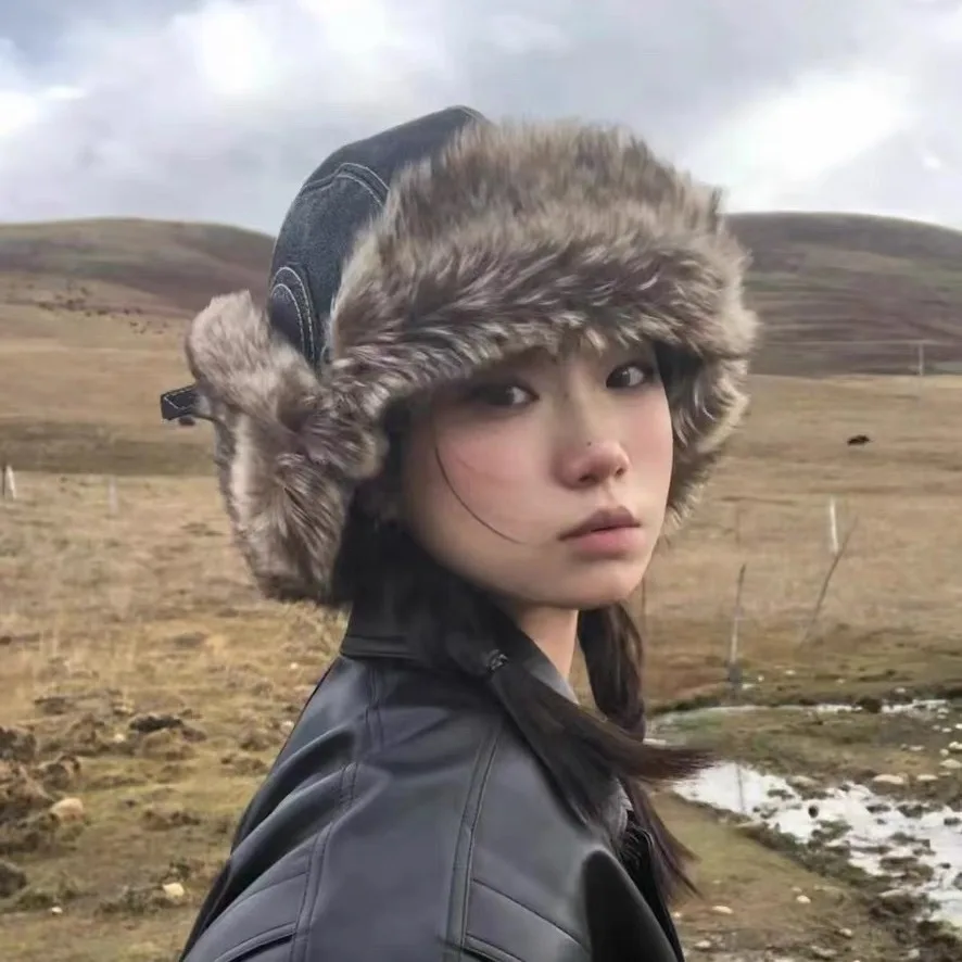 Winter Hat Korean Version Retro Plush Pilot Bomber for Men and Women Ins Thickened Warm Windproof Ski