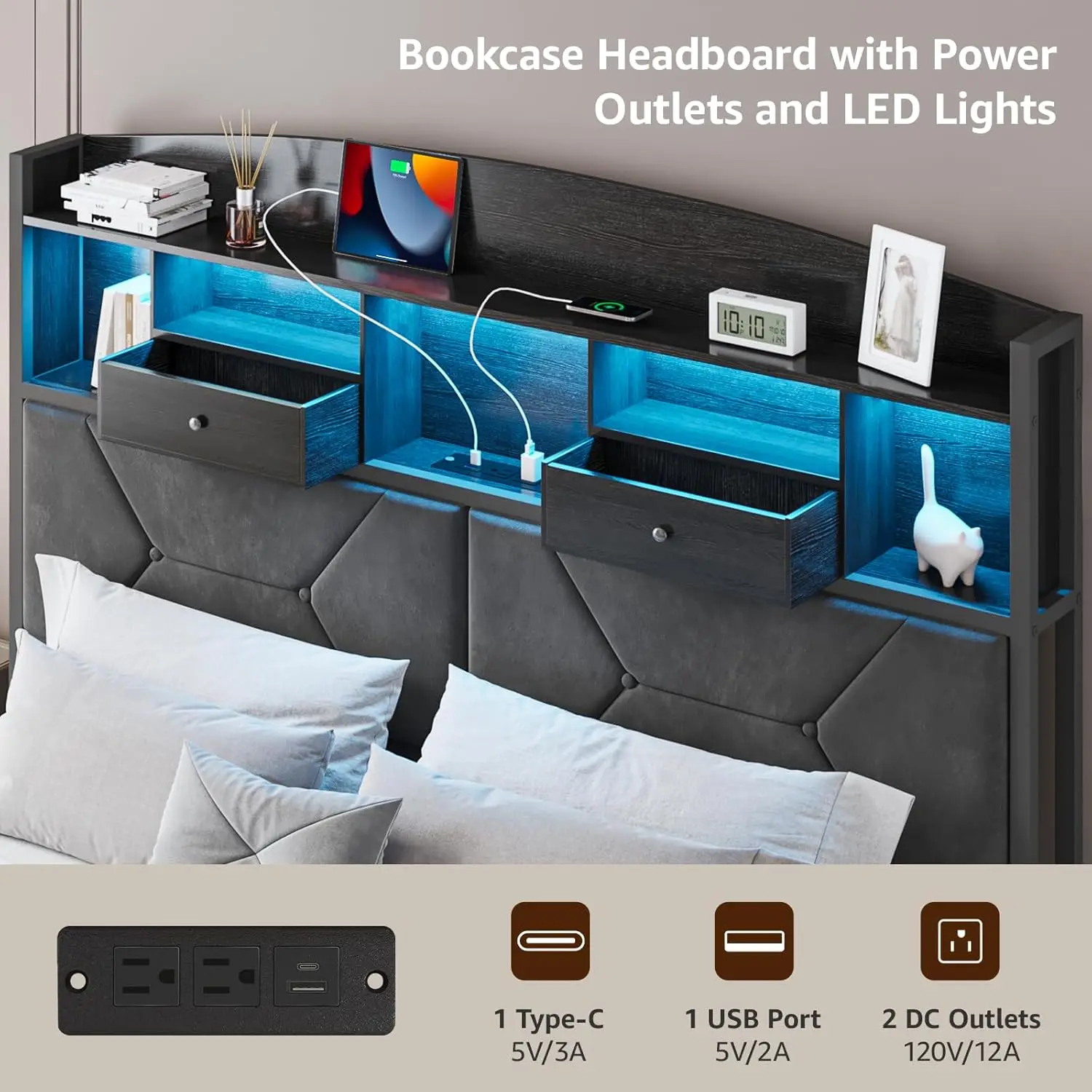 with 4 Storage, Upholstered Velvet Platform Bed Frames with Button Tufted Headboard Led Lights, Wooden Slats Support