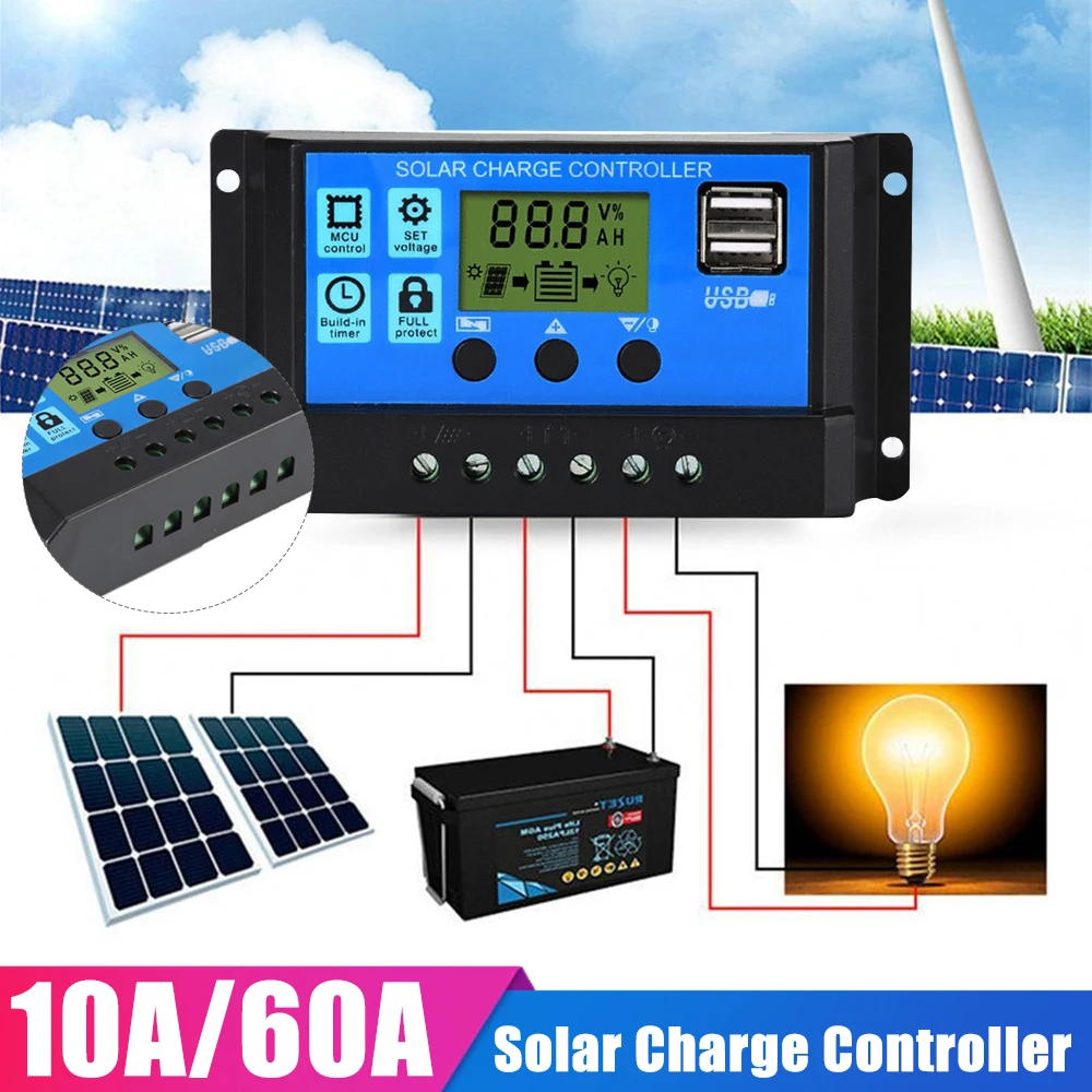 Solar Charge Controller 10A 60A 12V 24V Solar Panel PV Controller PWM Dual USB Auto Cell Panel Street Light