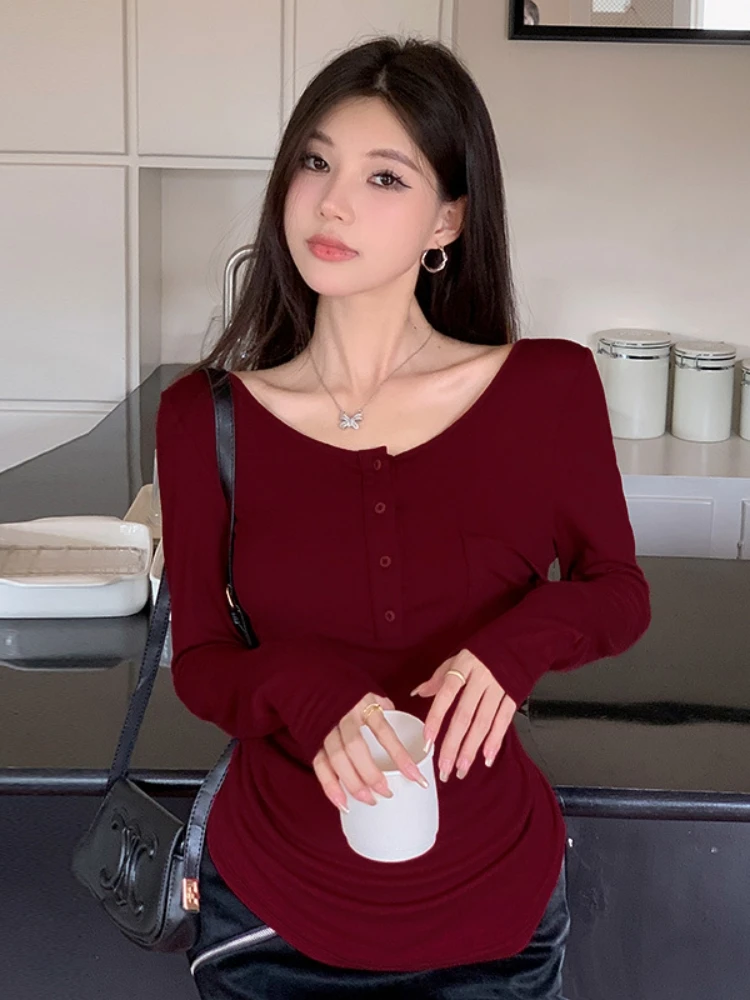 

Solid Folds Slim Tops Button Autumn T Shirt Women Long Sleeve Aesthetic Clothes Patchwork Ropa De Mujer Casual Pockets Outfits