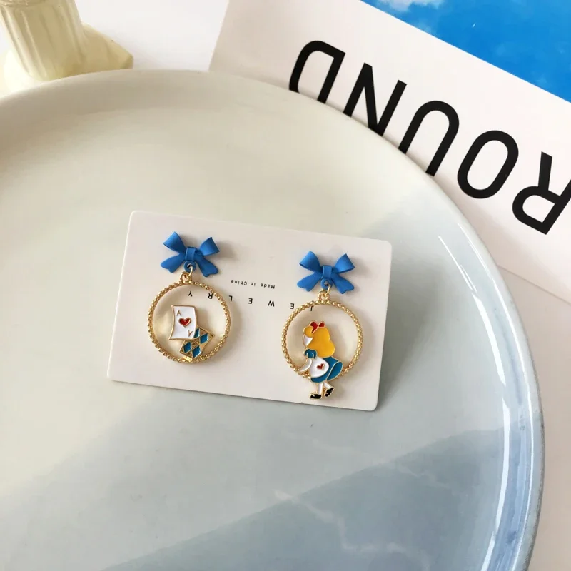 S925 Needle Cute Alice Running Princess Fairy Tale Asymmetric Bow Mermaid Enamel Earrings for Women drop earrings dangle earrings