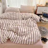 Pure Cotton Home Textile Blue Striped Bedding Set Simple Soft Duvet Cover Sheet Pillowcase Ins Style Bed Linens Queen King Size 2