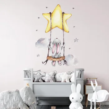 Bunny Baby Nursery Wall Stickers Cartoon Rabbit Swing on the Stars Wall Decals for Kids Room PVC Removable Stickers PVC DIY 1