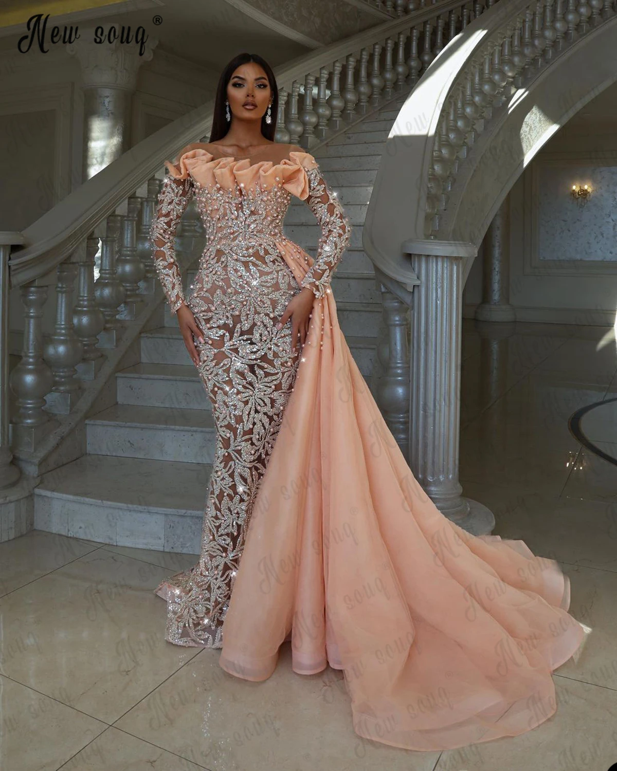 

Vestidos De Fiesta Champagne Blingbling Evening Dress Off Shoulder Long Sleeve Mermaid Beaded Prom Gowns Women Arabic 2023 Robe