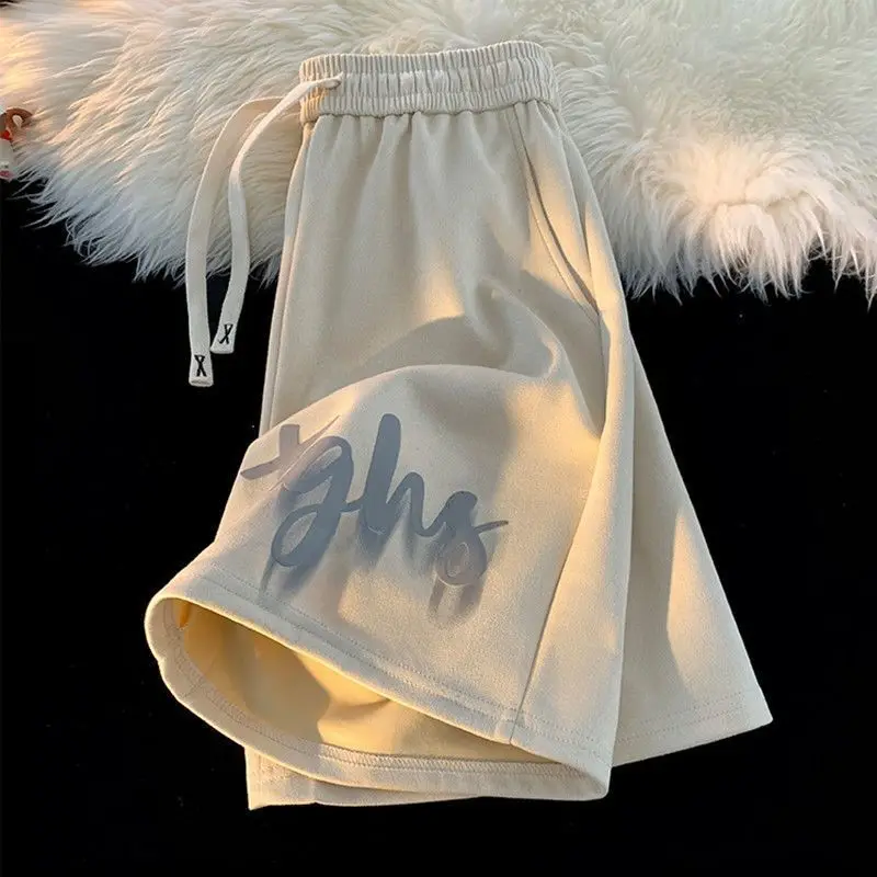 Fashion Elastic Lace Up Pockets Printed Letter Casual Shorts Men's Clothing 2024 Summer New Loose Young Style High Waist Shorts