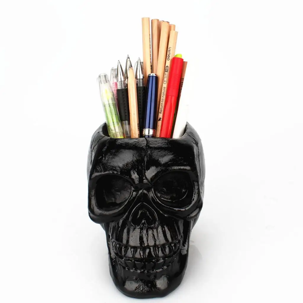 

Skull Resin Pen & Pencil Holder, Halloween Decorative Skeleton Head Stationery Storage Desktop Organizer