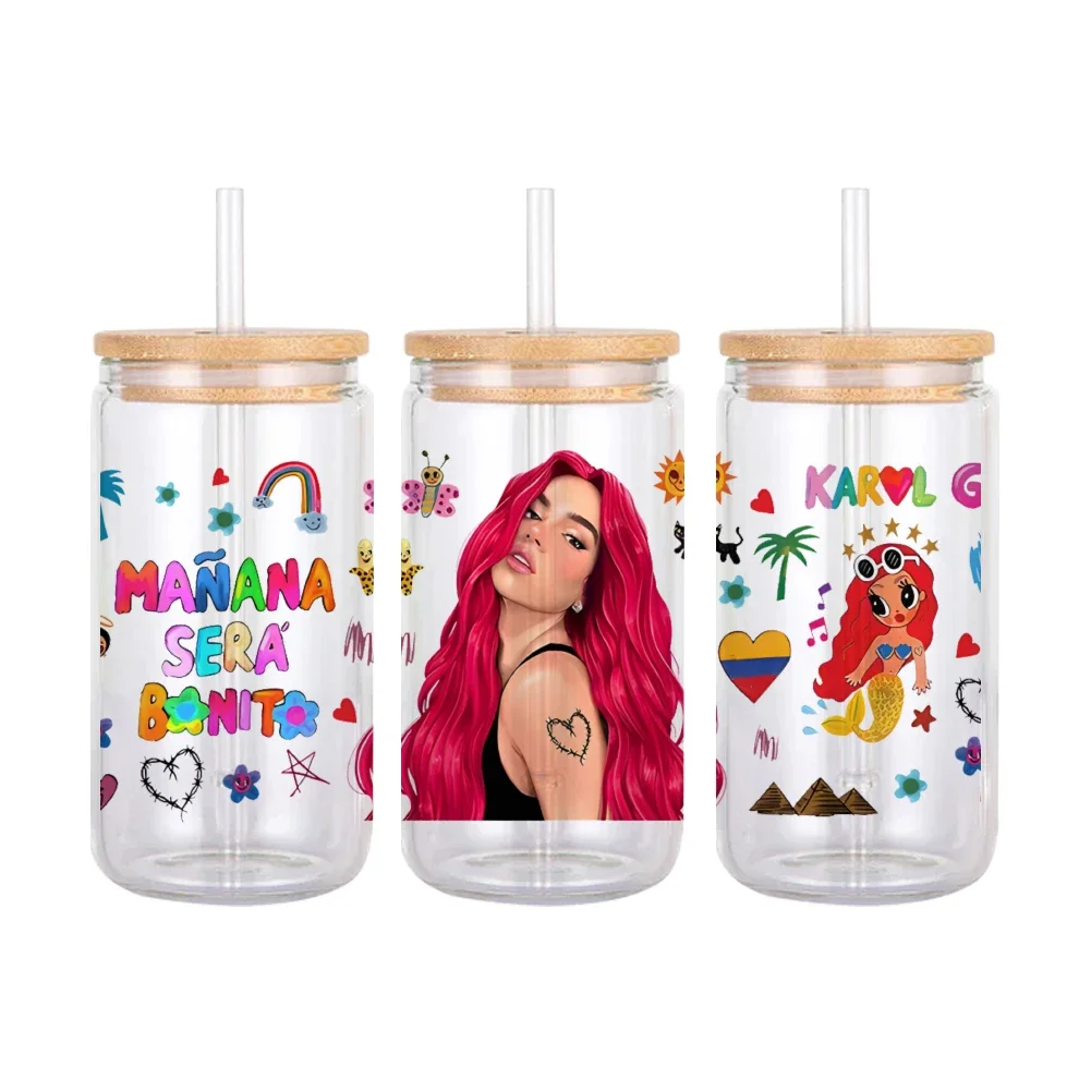 Cartoon Red Hair Karol G Pattern UV DTF Transfer Sticker Waterproof Transfers Decals 16oz Glass Cup Wrap Stickers