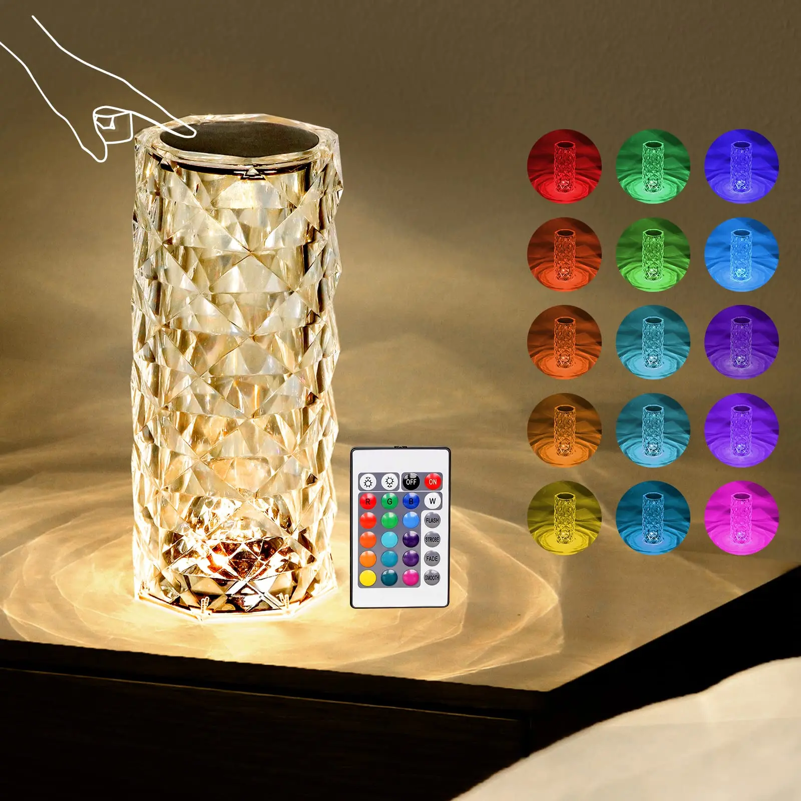 16 Colors Crystal Table Lamp Rose Light Romantic Diamond Atmosphere Light  USB Touch Night Light for Bedroom Desk Party Decor