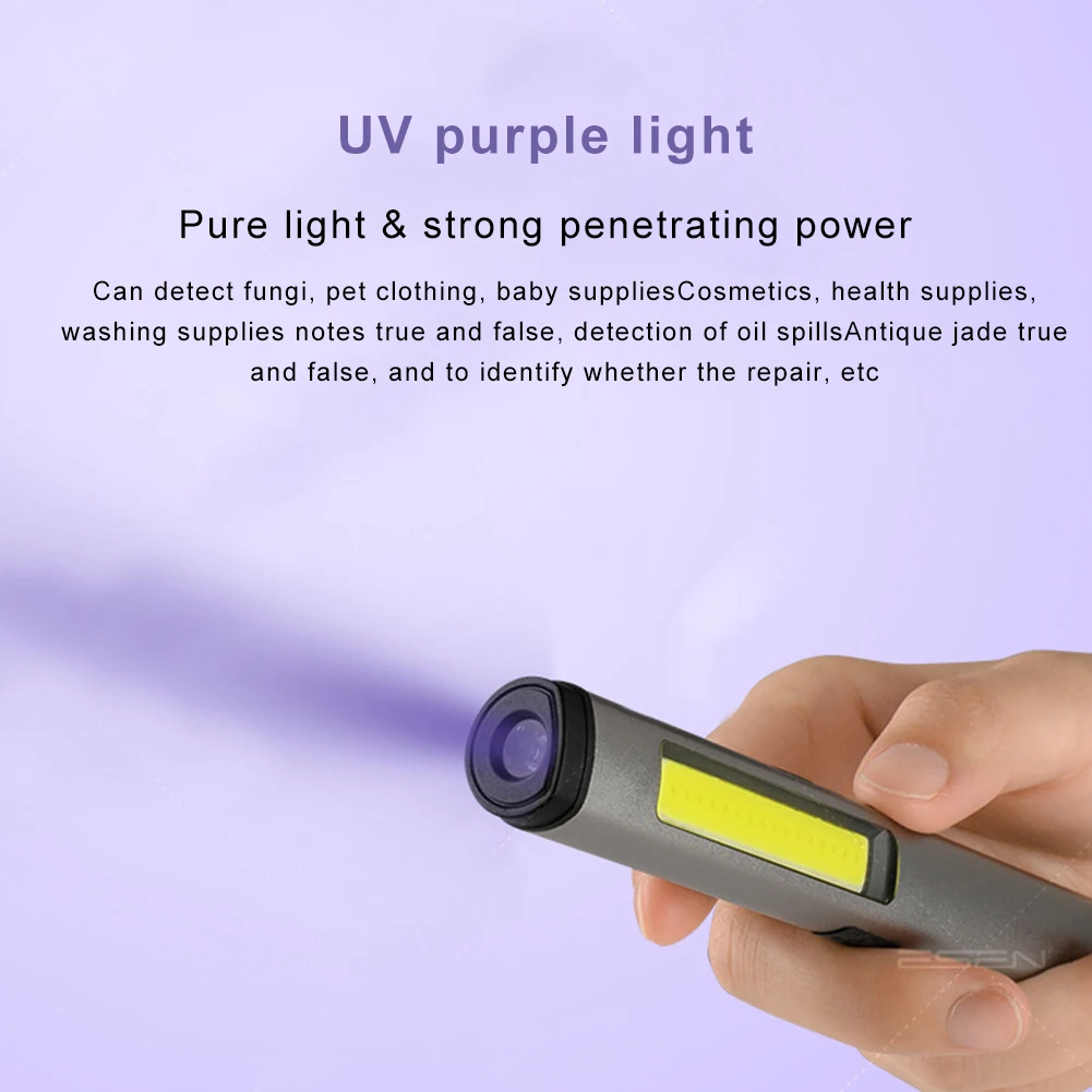 LED UV 마그네틱 작업 손전등, USB 충전 비상 토치, 매우 밝은 야외 캠핑 램프, COB 펜 손전등 랜턴