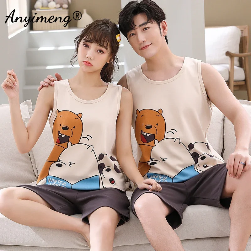 Couple Sleeveless Fashion Pajama Sets Cartoon Duck Printing Kawaii Sleepwear Young Men and Women's Homewear Student's Pijamas