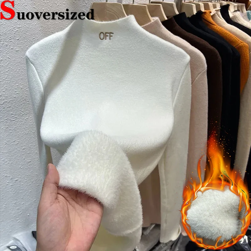 

Plush Lined Slim Women Sweater Winter Mock Neck Warm Pullover Casual Thicken Long Sleeve Tops New Soft Bottomed Knitted Jumper