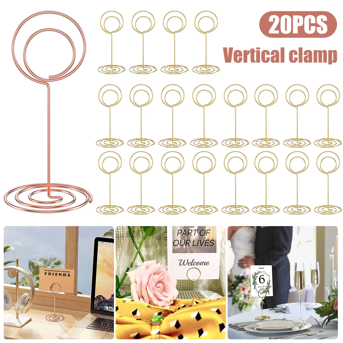 20Pcs Table Number Holders Metal Place Card Holders Rose Gold Message