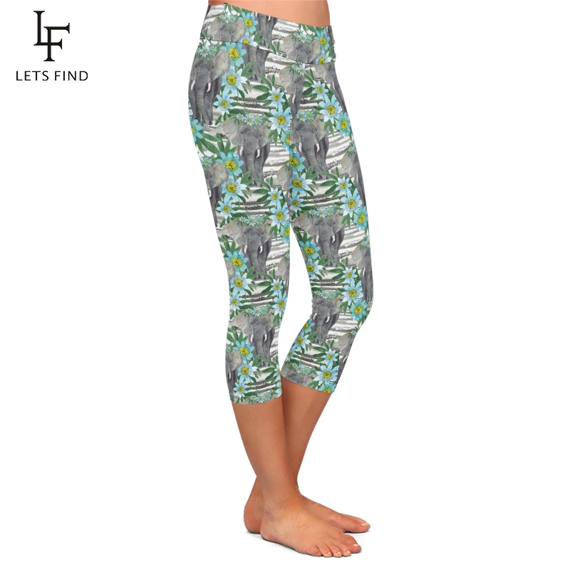 Summer Women High Waist Capri Leggings Fashion 3D Elephant and Flowers Digital Printing  Mid-Calf 3/4 Women Leggings