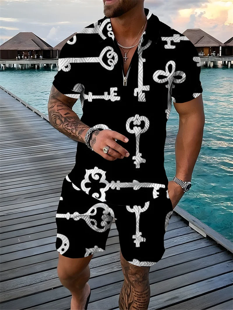 

2022 Fashion Men's 3D Zip-Up Polo Shirt and Shorts Set Chain Print Casual Short Sleeve Polo Shirt and Shorts Men's Casual Suit