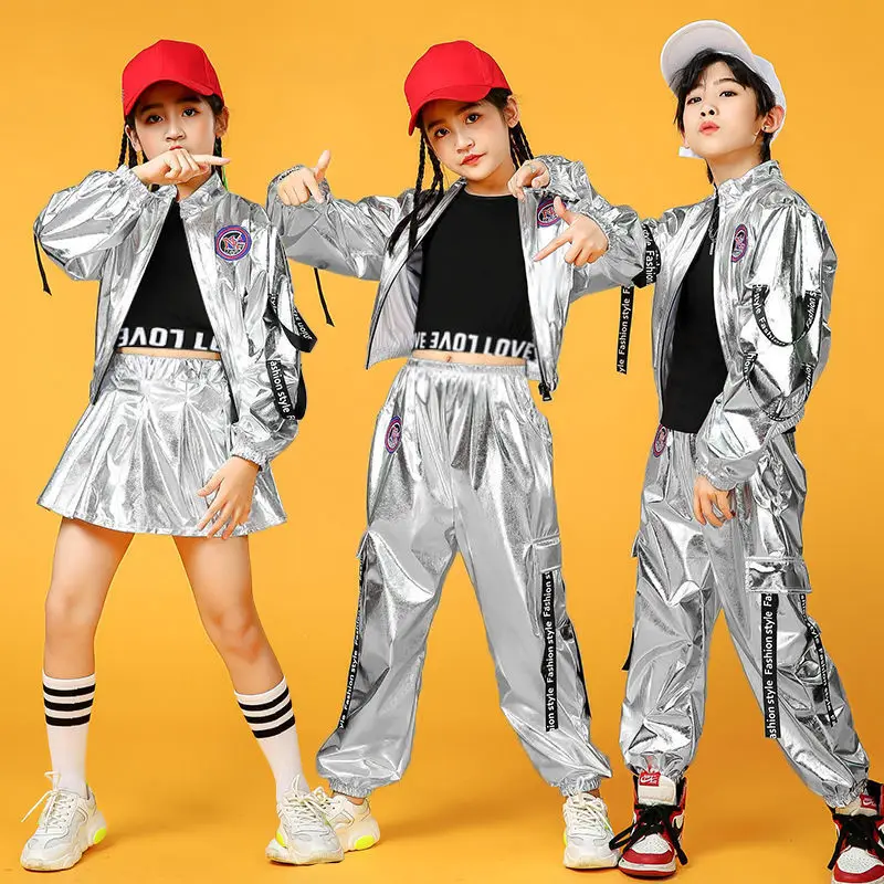 Silver Suit Girls Boys Ballroom Jazz Dance Costumes Hip Hop Shirt Skirt Pants Stage Outfits Kids Dancing Clothes for Child Dance