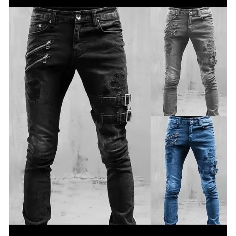 

Men Distressed Moto Biker Jeans Ripped Punk Gothic Zipper Denim Pants Hip Hop Tapered Leg Slim Fit Jeans