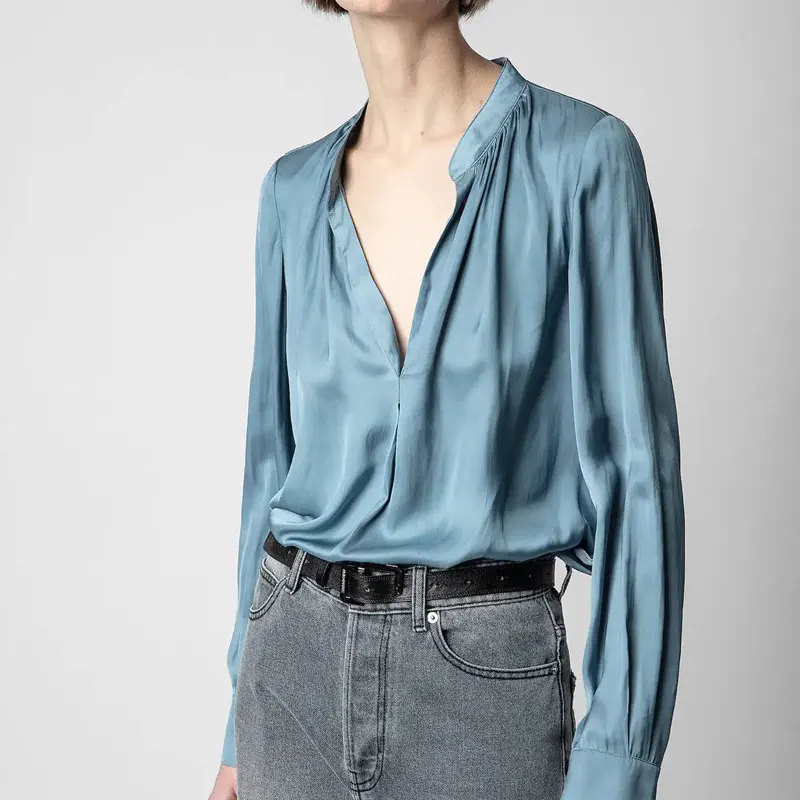 

2023 Spring and Summer New Solid Color V-neck Long-sleeved Casual Blue Shirt