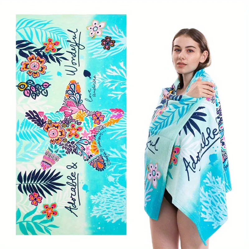 Description Picture 5 of item1pc 59in/150cm Blue Starfish Water Ripple Summer Seaside Seaweed Bath Towl Sandproof Beach Towel - Quick-drying LatticeColor