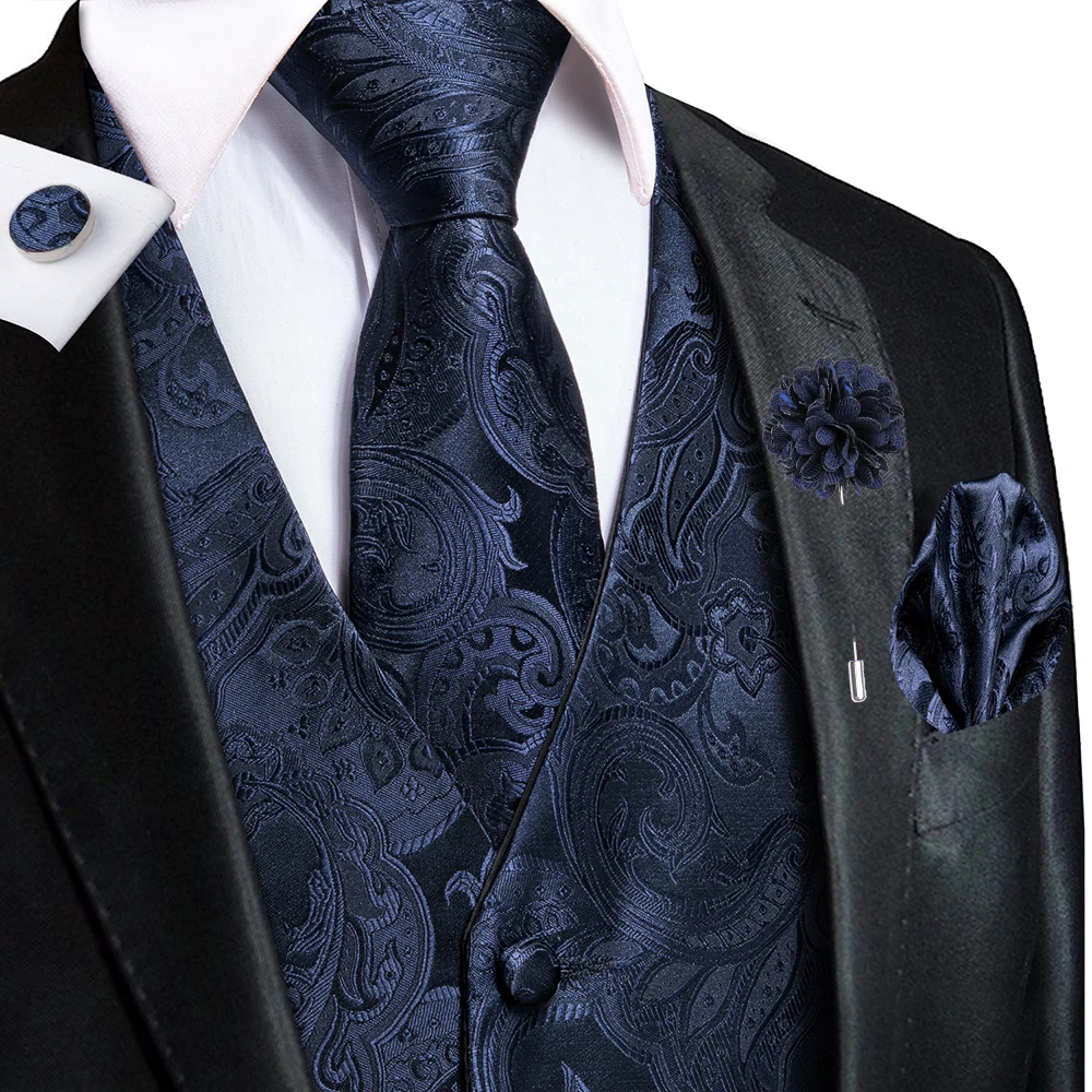 

Navy Blue Mens Silk Vests Business Paisley V-Necl Waistcoat Tie Hanky Cufflinks Brooch Set for Men Suit Wedding Formal Hi-Tie