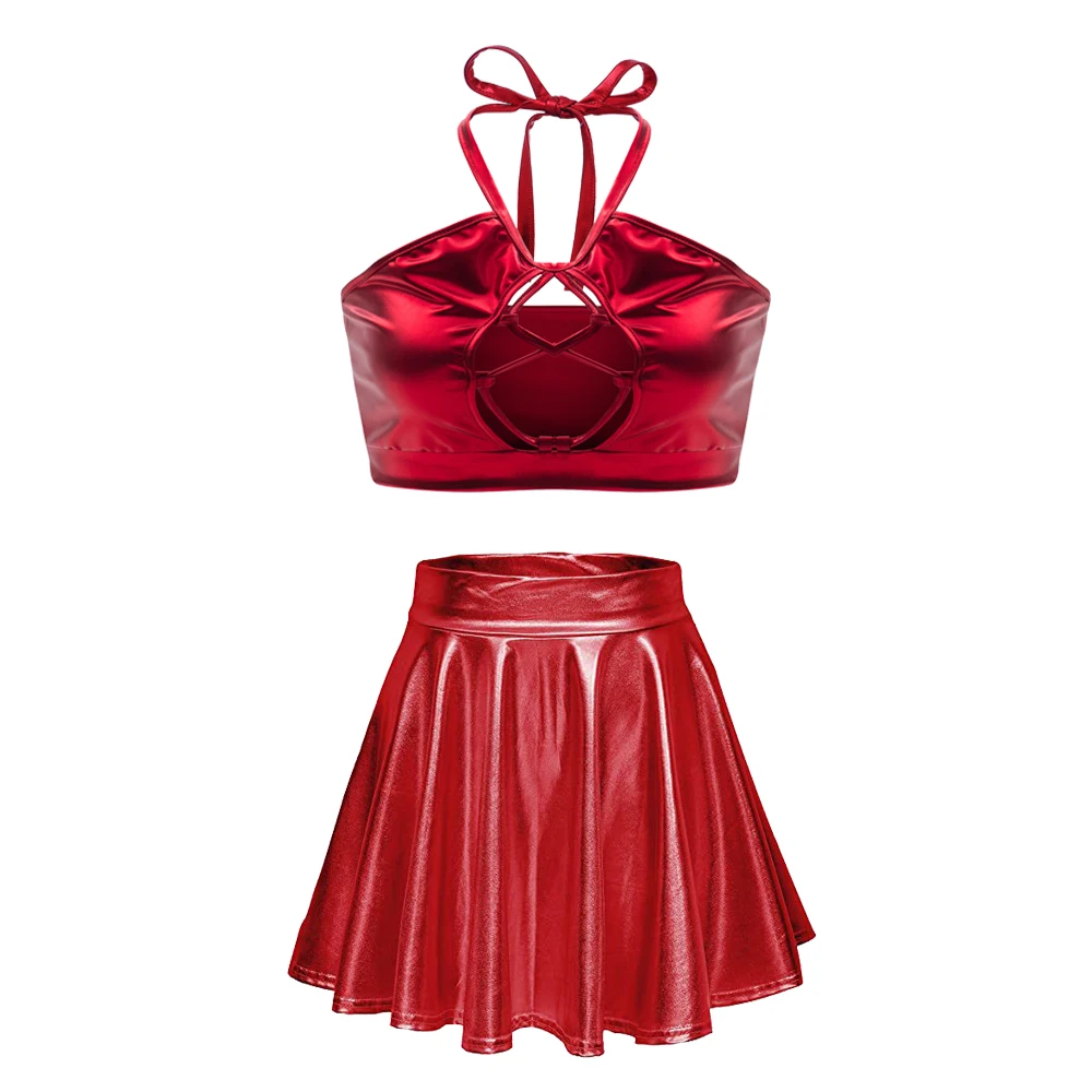 Conjuntos de falda brillante metalizada para mujer, top corto con cuello halter erótico metalizado brillante y falda con volantes de cintura alta, ropa de club