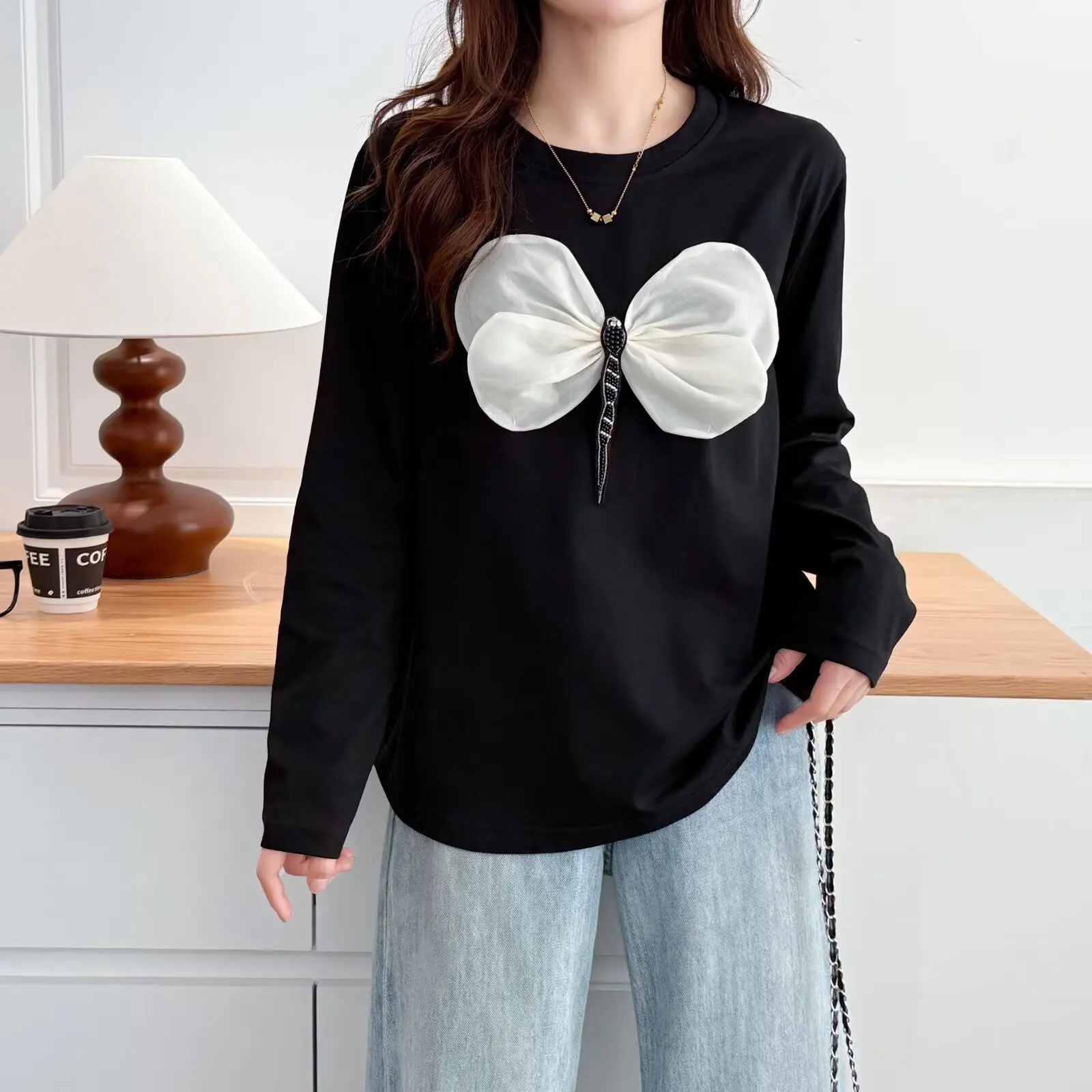 Fashion Plus Size Women's T-Shirt Autumn New Style Stylish three-dimensional Decorated Long Sleeve Casual Top 1202