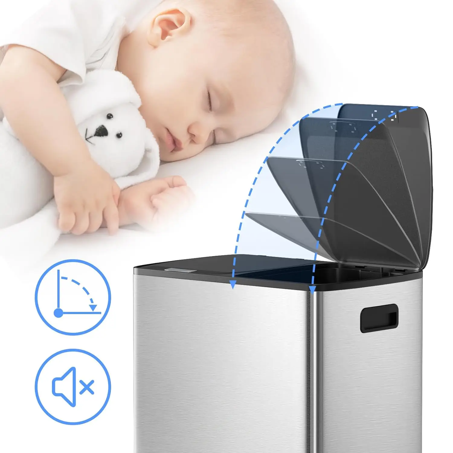 60 Liter / 16 Gallon Dual Trash Can with Lid, Stainless Steel Kitchen Step Garbage Can, 2 x 8 Gal Double, Customized 5