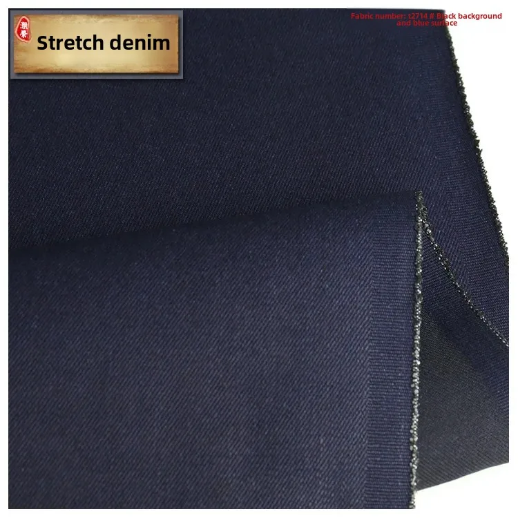 Medium Stretch Wide Width Denim Fabric 330g Right Slant Pattern Black Base Black Surface Elastic Jeans Material T2714