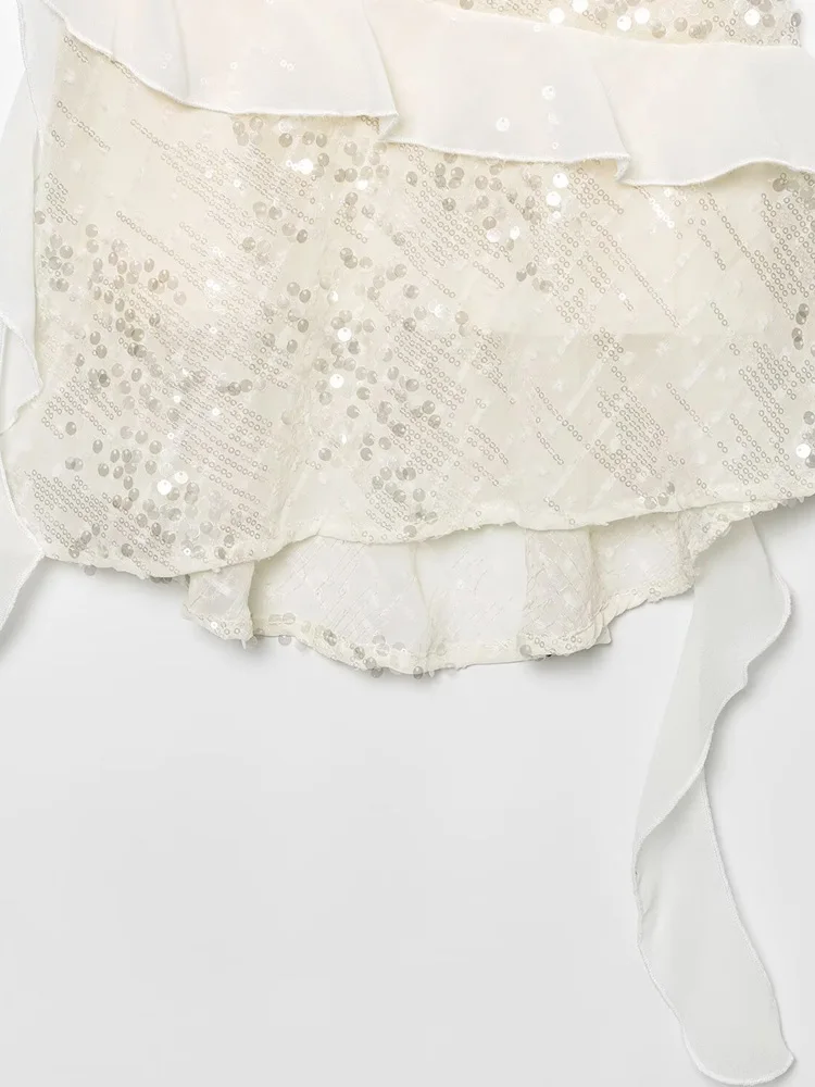 HXAO Slip Perlen Damen Kleider Rüschen Tüll Kurze Kleider Ärmellose weiße Damenbekleidung Rückenfreie Damen Midi Kleidung – Detail 7
