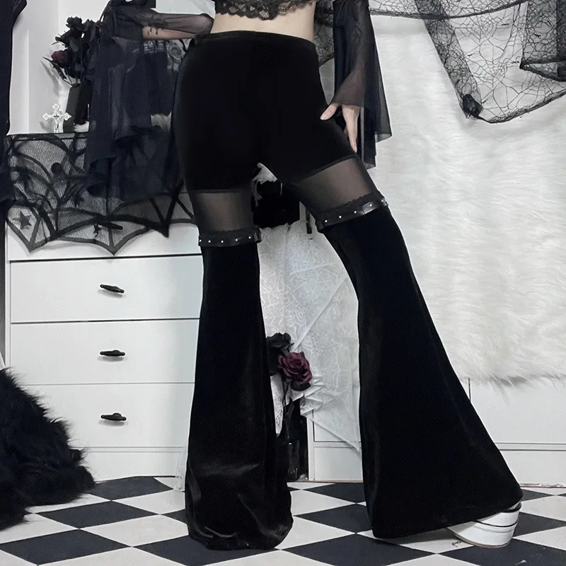 Fall Pants Dark Mesh Patchwork Slim Slim High-waisted Bell Bottoms Casual Pants