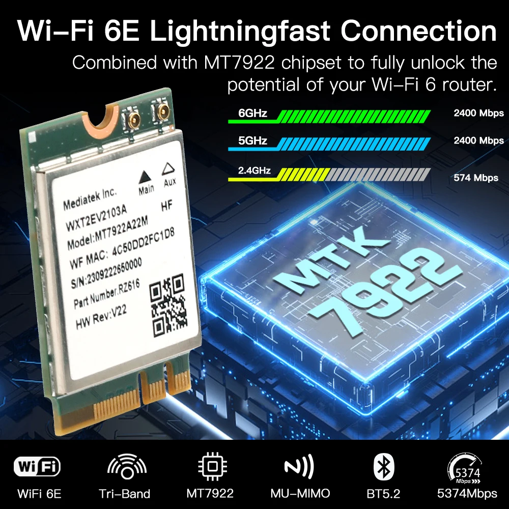 Adaptador de Rede sem Fio Wifi 6e Mt7922 M.2 Cartão 5374mbps Bluetooth 5.2 802.11ax 2.4g 5g 6ghz Mediatek Mt7922 Mu-mimo Win 10 11 - Imagem 4