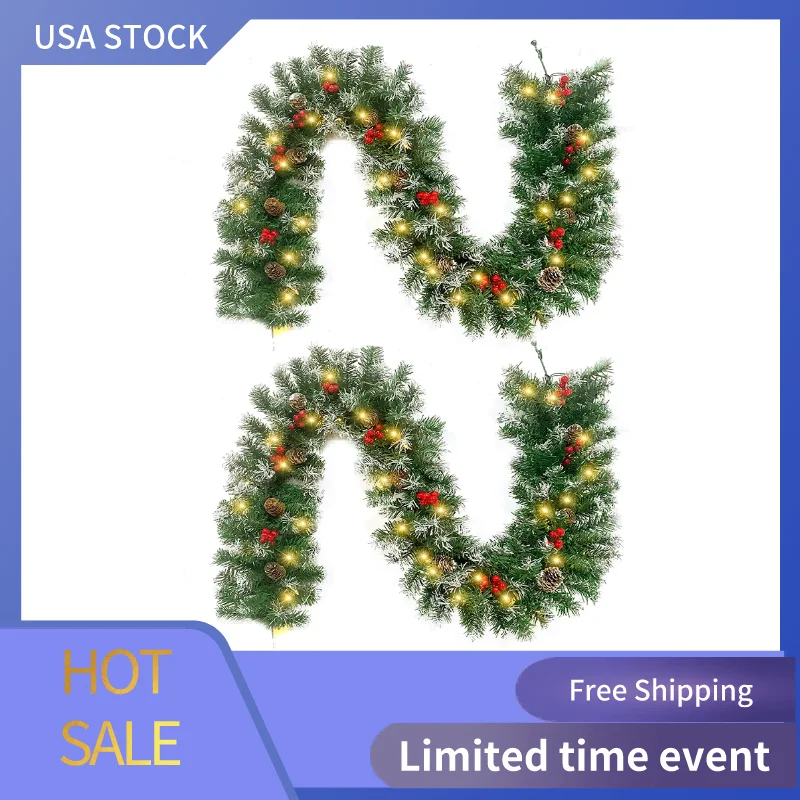 

2 Pack 6ft Holiday Decorated Christmas Garland for Stairs, Fireplace, Partially Flocked, Pine Cones, Berries Green/White