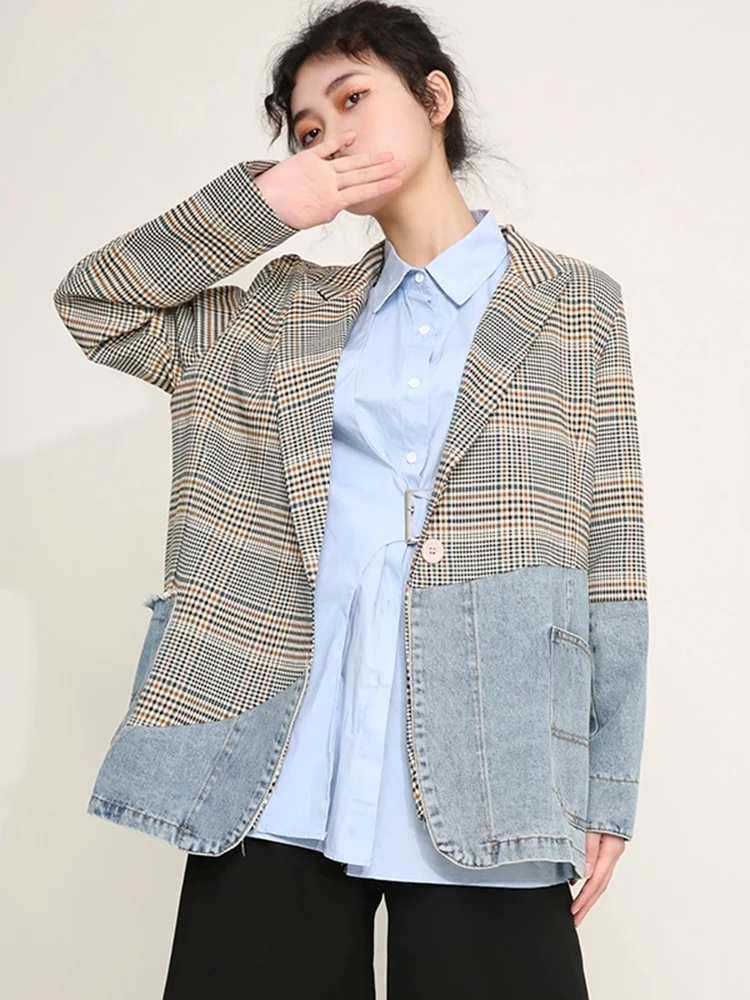 

[EWQ] Long Sleeve Loose Fit Jacket Fashion Tide Office Panel Jacket Denim Plaid Blazer Loose 2023 Spring Notched Neck Coats T525