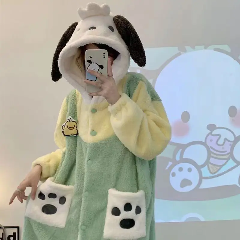 MINISO Adult Green Pochacco Cosplay Costume Robes Kigurumi Onesie Anime Nightgown Halloween Cartoon Pajamas