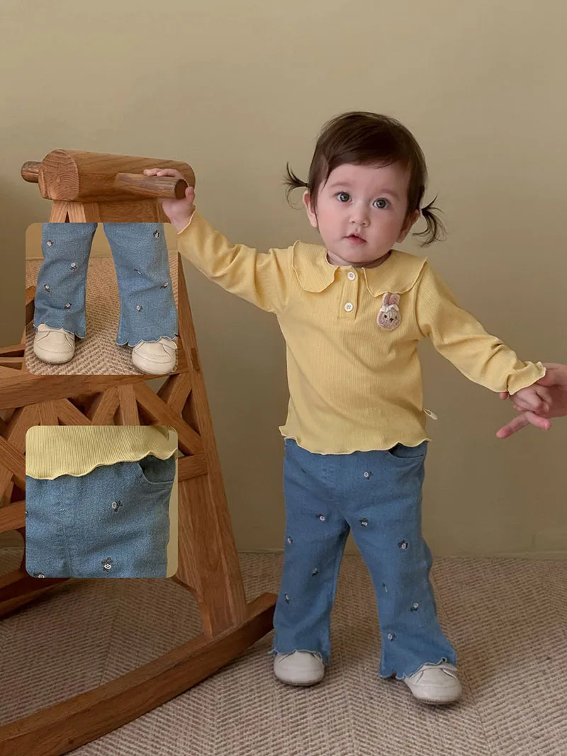 Girls Autumn Floral Embroidered Bell Bottom Pants