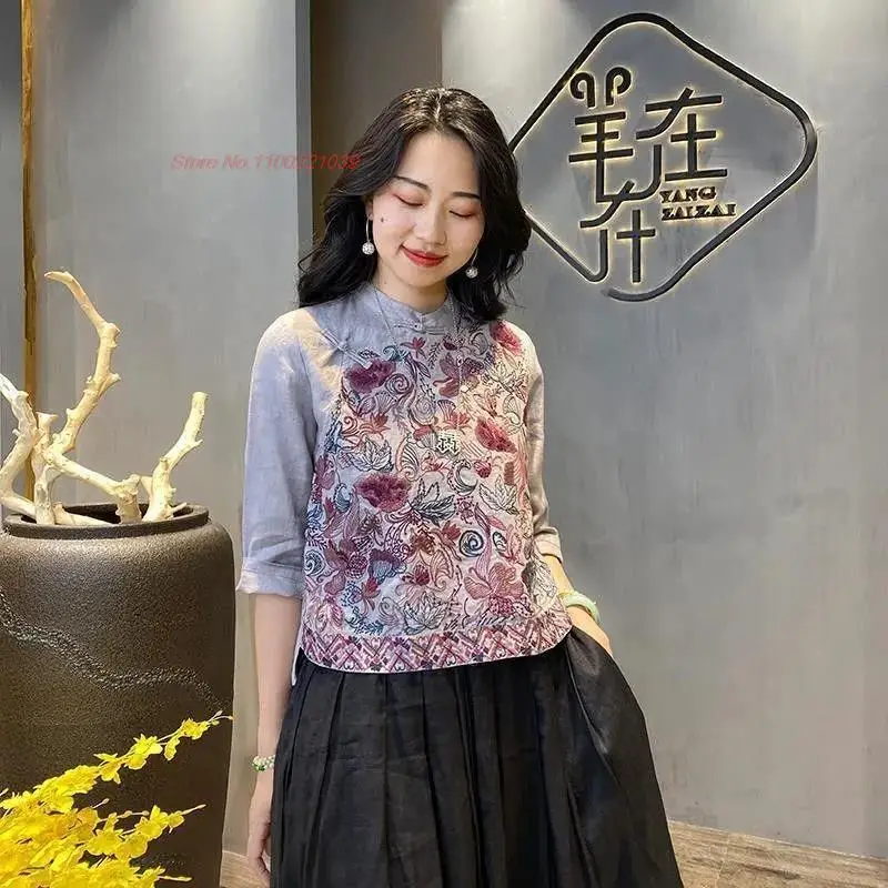 traditional chinese vintage blouse hanfu tops national flower embroidery improved qipao tops cotton linen cheongsam shirt
